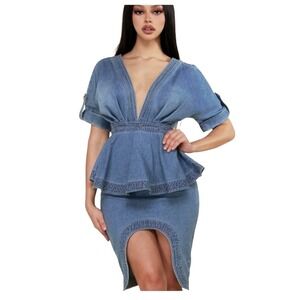 L'ATISTE by Amy Denim Dress Peplum V‎ Neck Short Sleeve Pencil Skirt Blue Large